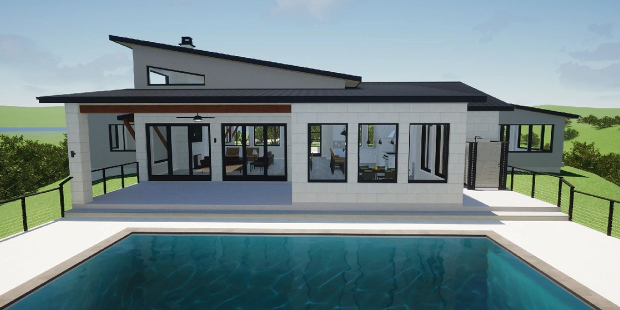 Modern house with large glass doors and a swimming pool.