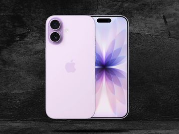 Purple iPhone displayed front and back on a dark surface.