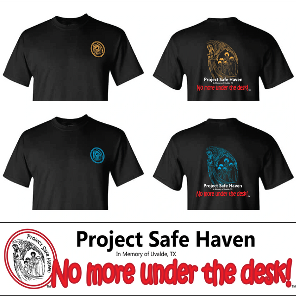 Four black color t-shirts with project safe haven logo