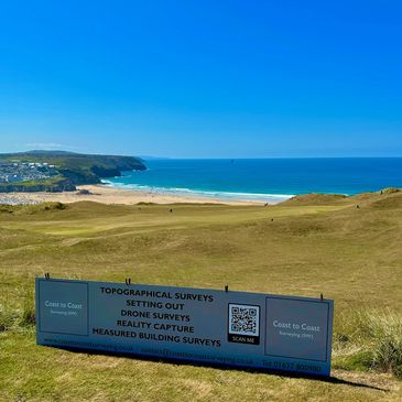 Banner at Perranporth Golf Club showing Topographical Surveys, Setting Out, Drone Surveys and more!