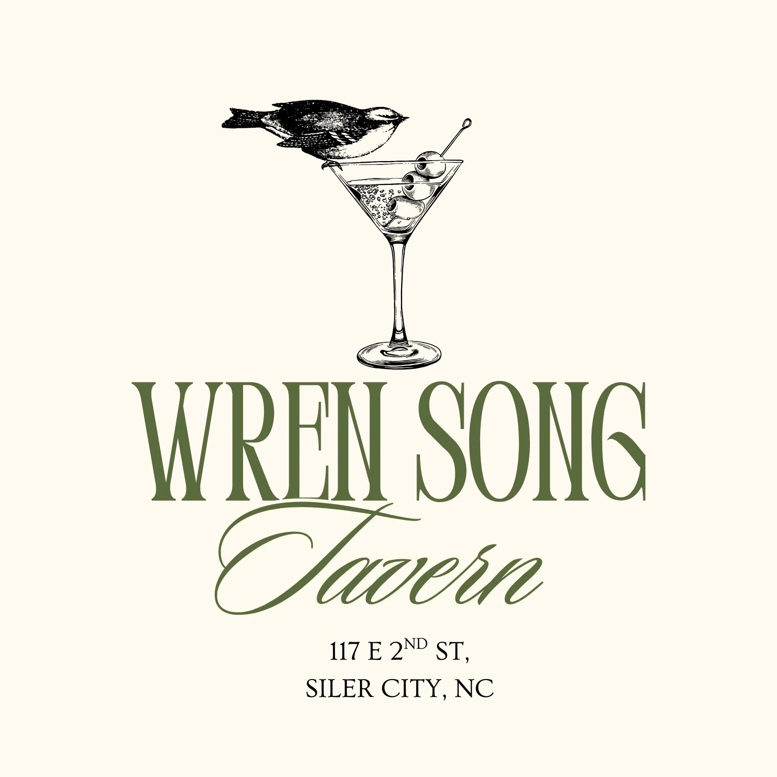 Vintage logo of Wren Song Tavern with bird and martini glass illustration.