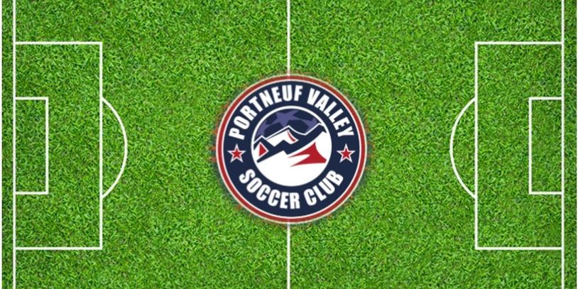 Portneuf Valley Soccer Club logo on a soccer field background.