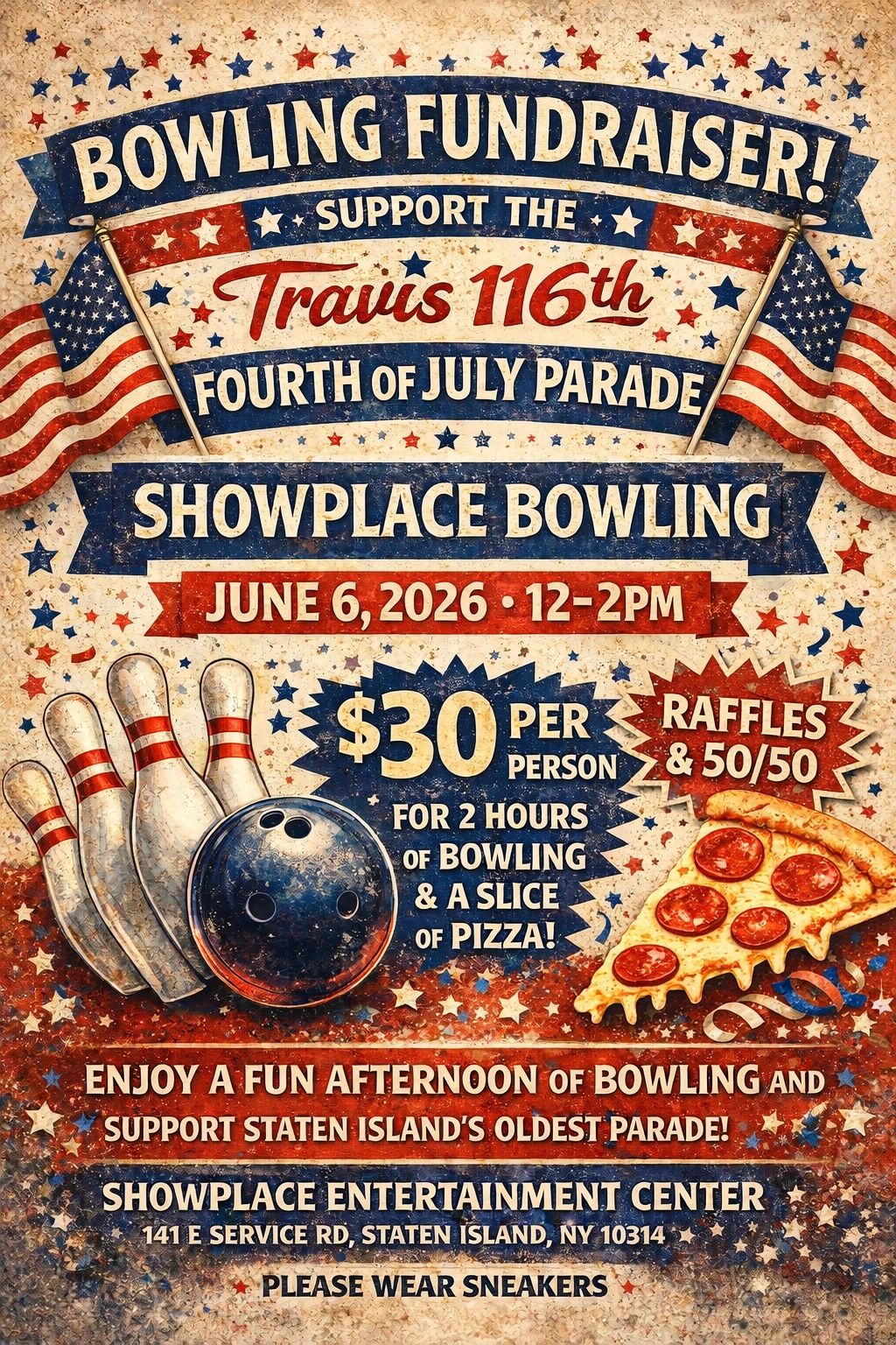Poster for Travis 116th Fourth of July Parade bowling event on June 6, 2026.