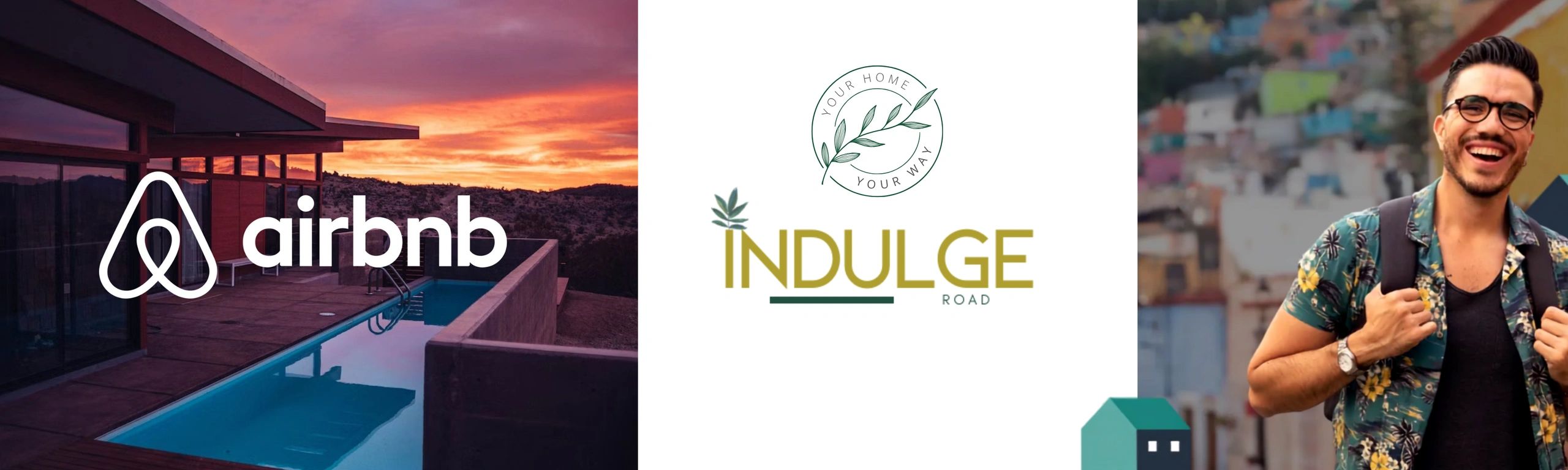 Airbnb logo with sunset, Indulge Road logo, and happy traveler.
