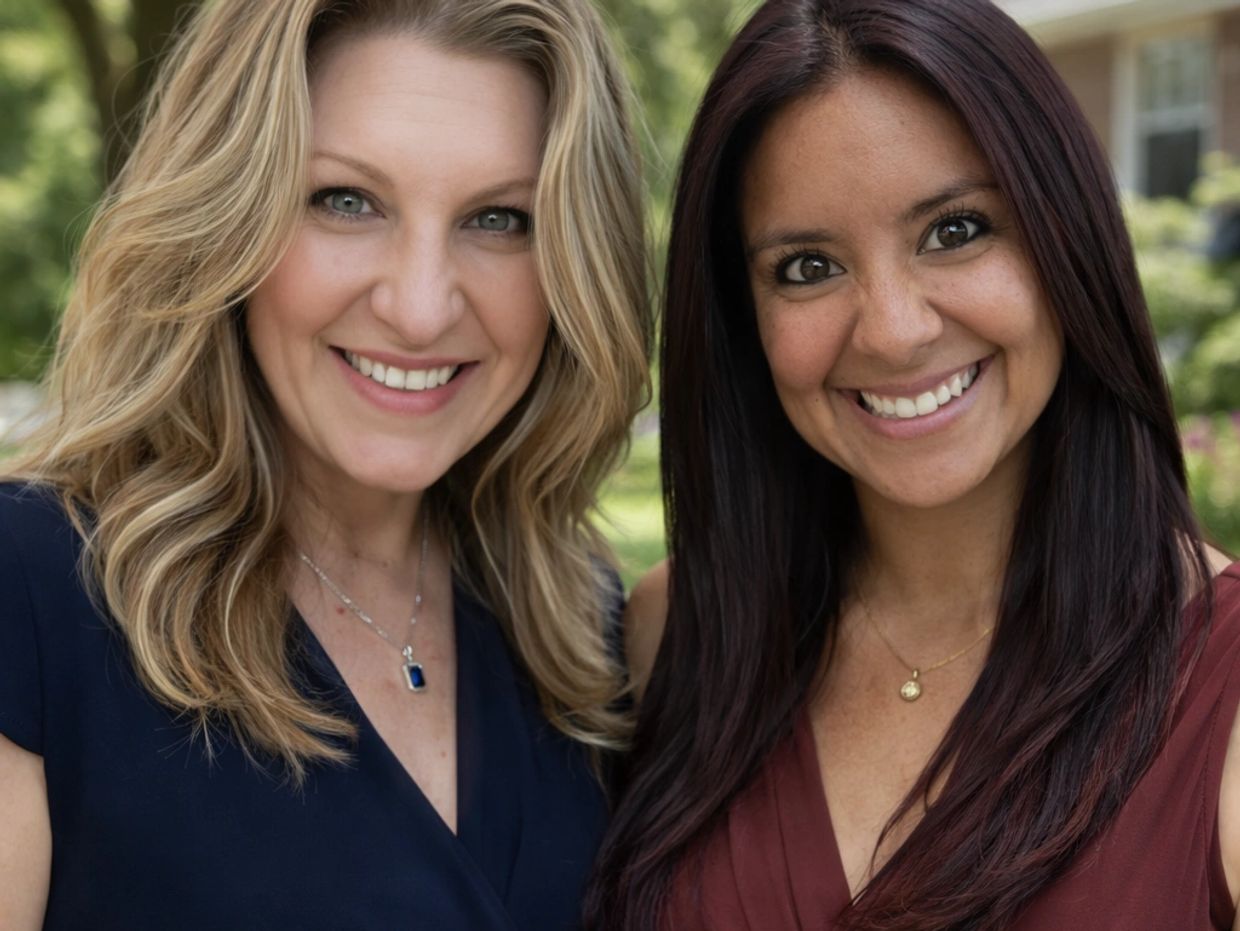 Two smiling women posing outdoors together.