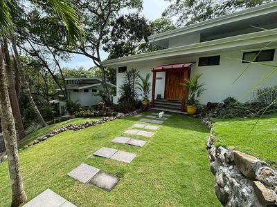 Modern white house with a stone pathway and a cat sitting outside the entrance.
