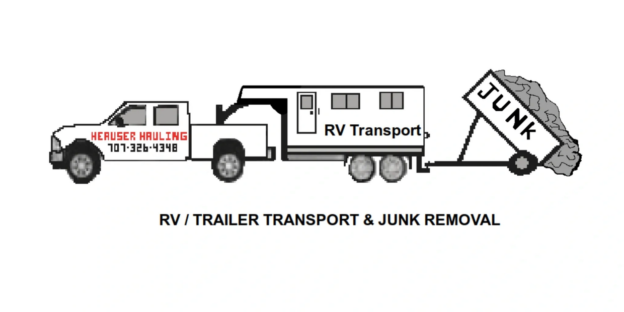 Image of a pickup pulling a 5th whell rv trailer and a dump trailer dumping debris and junk remova