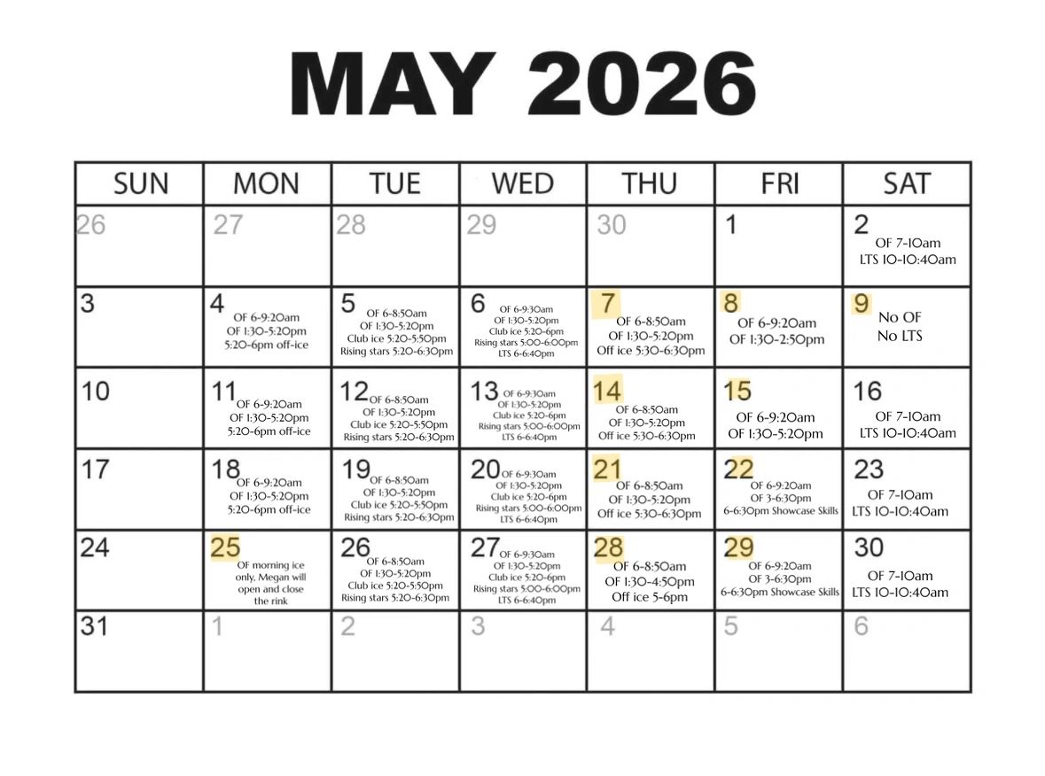 May 2026 calendar with detailed schedule of OF, LTS, club ice, and off-ice sessions.