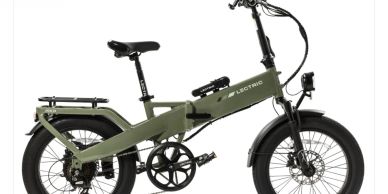 Foldable electric bike in olive green color.