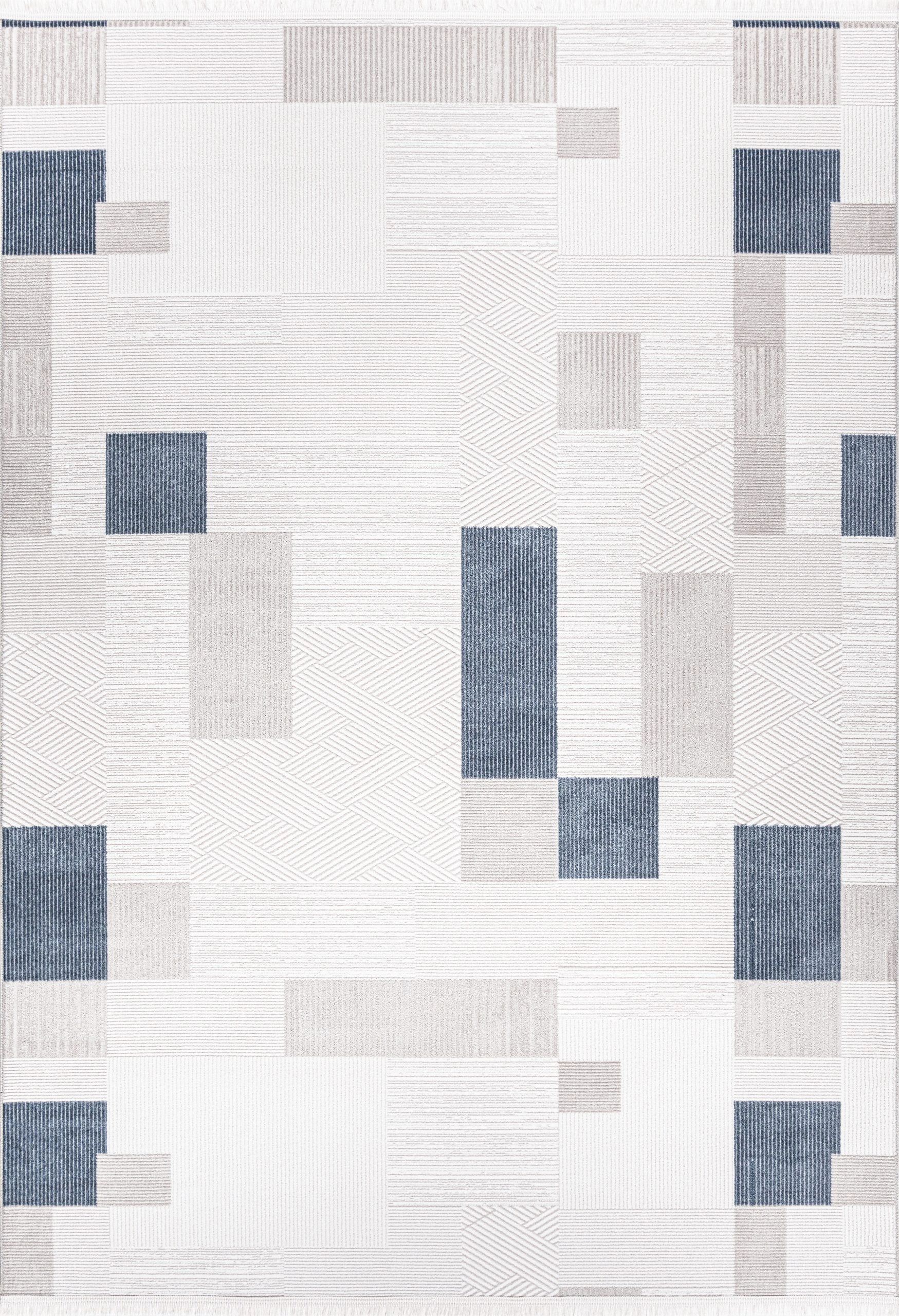 Modern rug with geometric patterns in blue and beige tones.