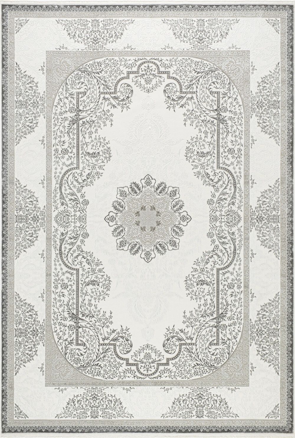 Elegant beige and white rug with intricate floral and geometric patterns.