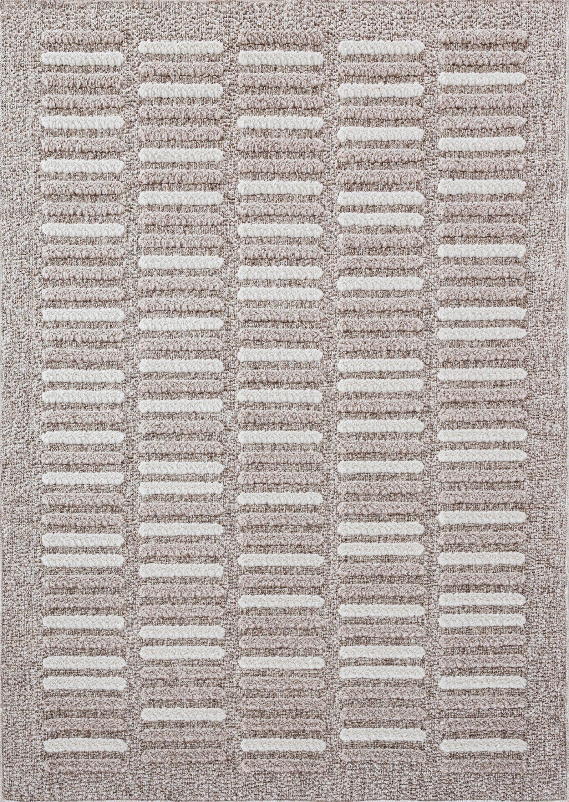 Textured rug with horizontal stripes in beige and white tones.