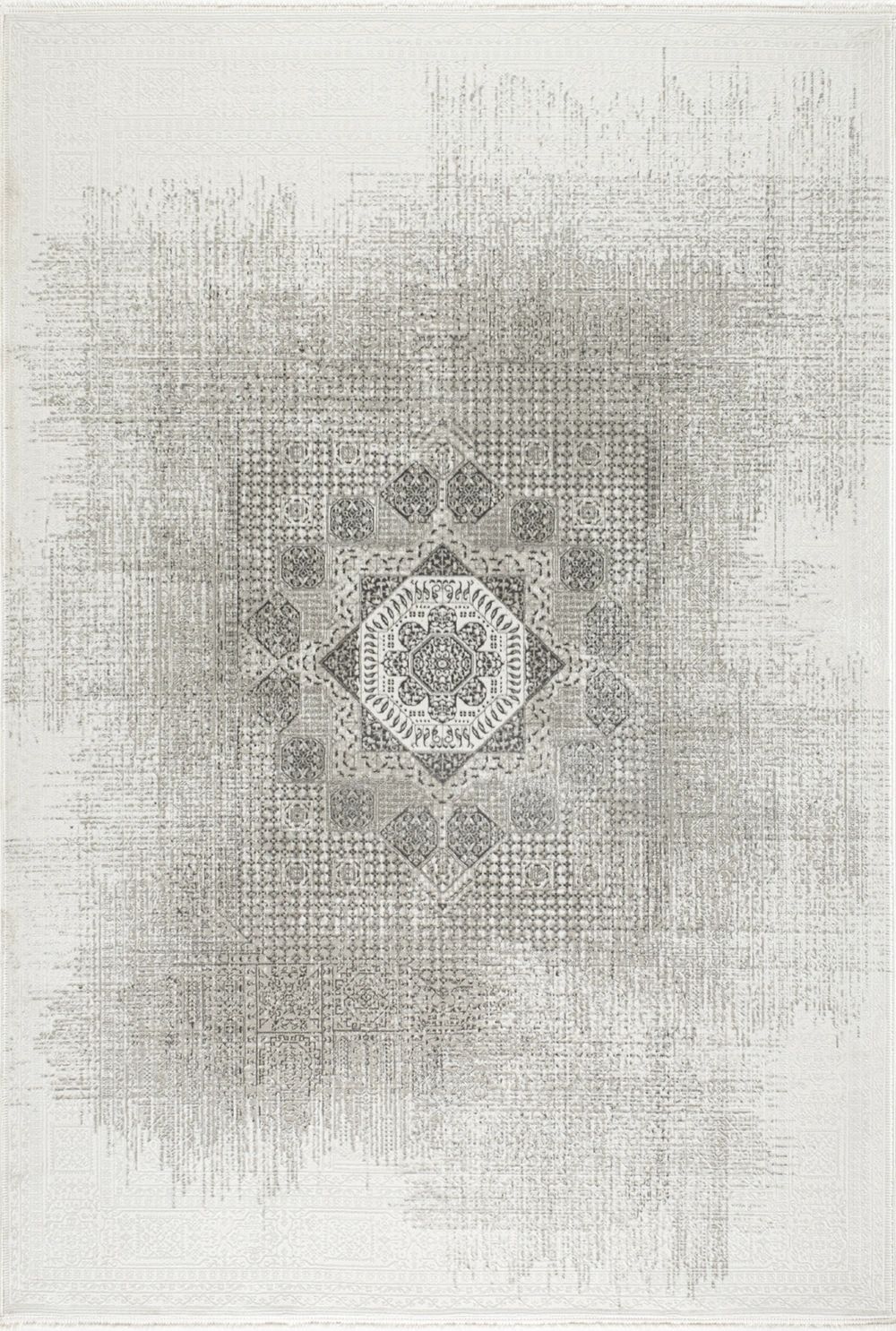 Elegant beige rug with intricate faded geometric patterns.