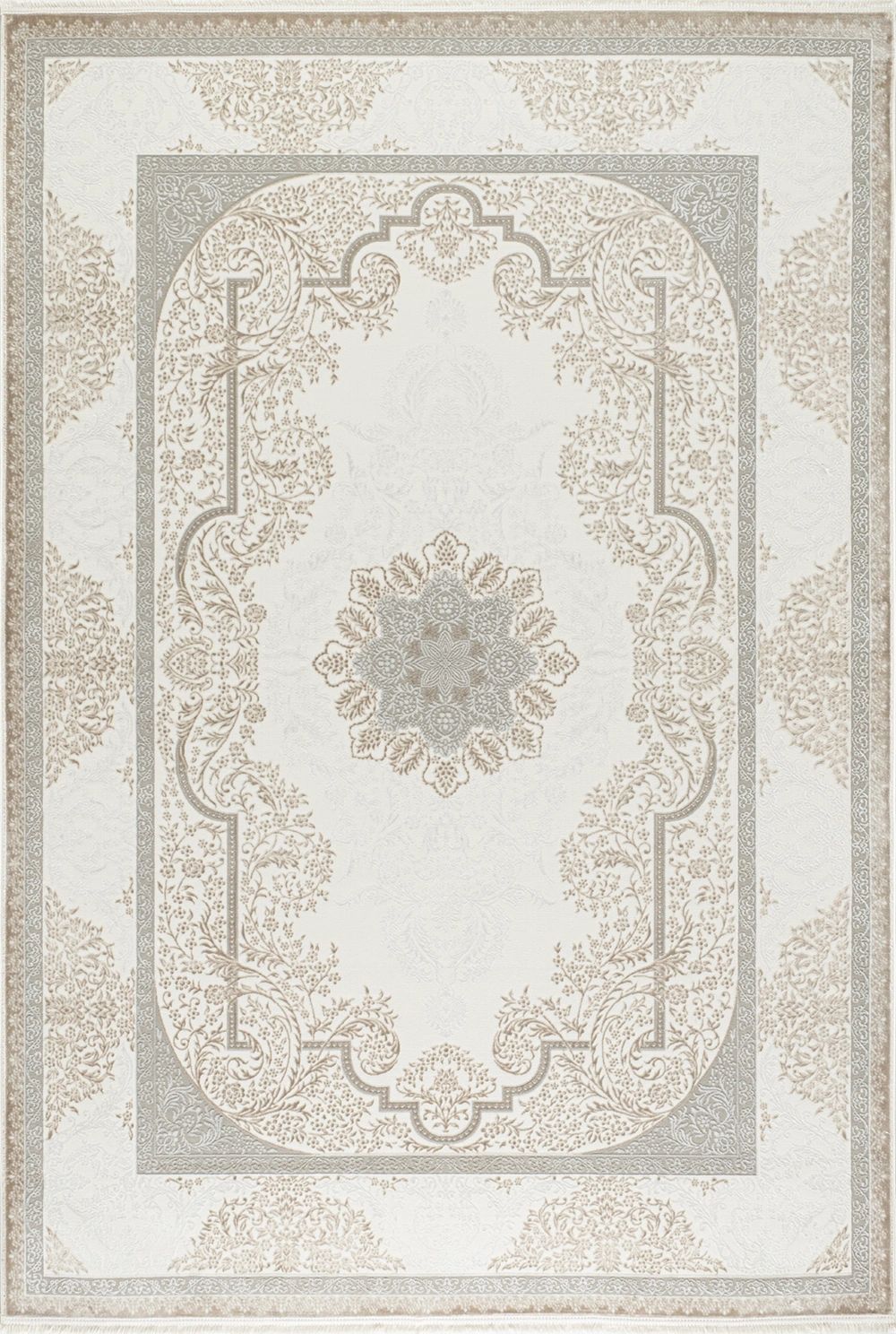 Elegant beige and gray floral patterned rug with intricate border design.