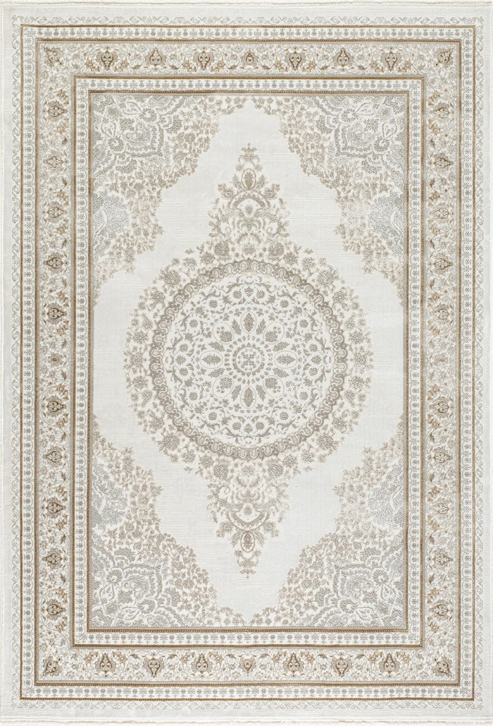 Elegant beige and white Persian-style rug with intricate floral patterns.