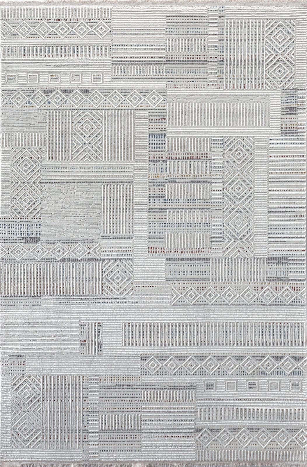 Textured rug with geometric and linear patterns in neutral tones.
