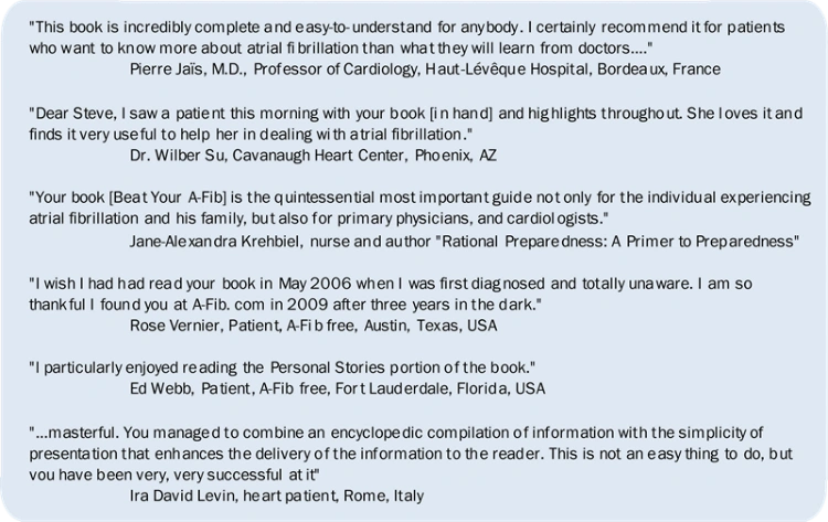 Readers and patients endorsements of the book, Beat Your A-Fib: The Essential Guide to Finding Your Cure by Steve S. Ryan, PhD