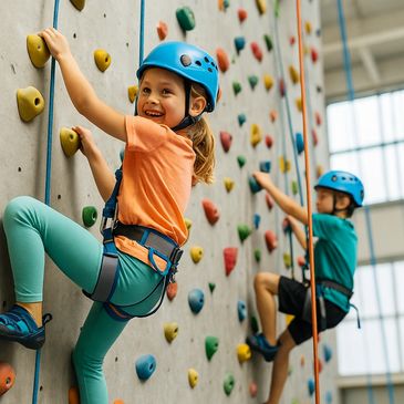 Two children wearing helmets climbing an indoor rock climbing wall.