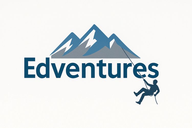 Logo of Edventures featuring mountains and a climber rappelling down.
