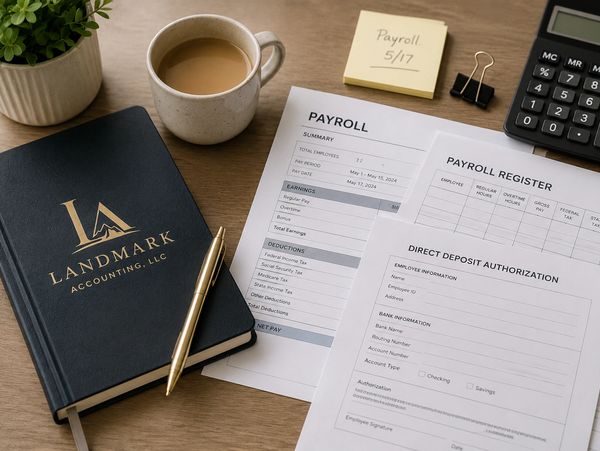 Payroll documents, notebook, coffee, and calculator on a desk.