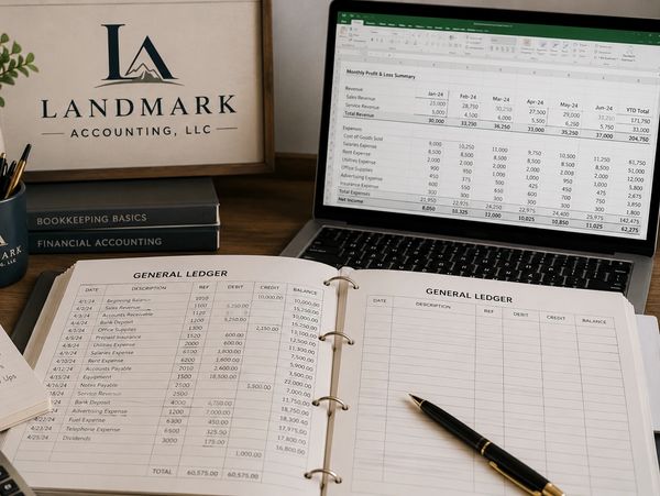 Accounting workspace with ledger book and laptop showing financial data.