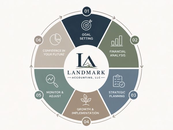 Circular infographic of Landmark Accounting's six-step process.