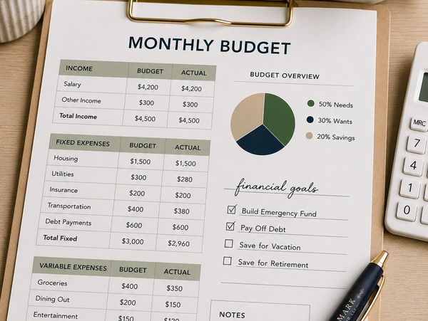 Monthly budget sheet with income, expenses, and financial goals.