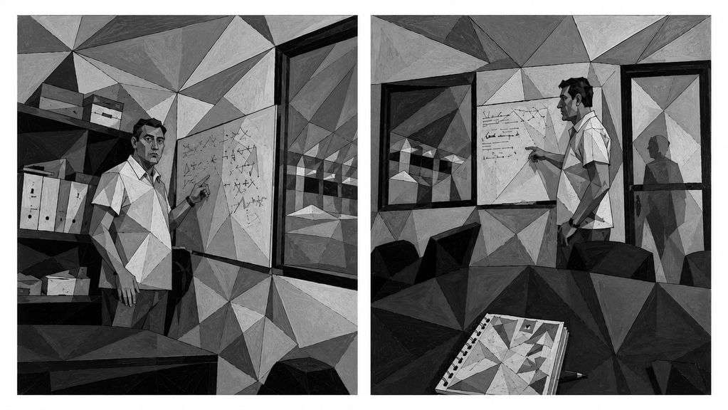 Hombre explicando con gráficos en oficina geométrica.
