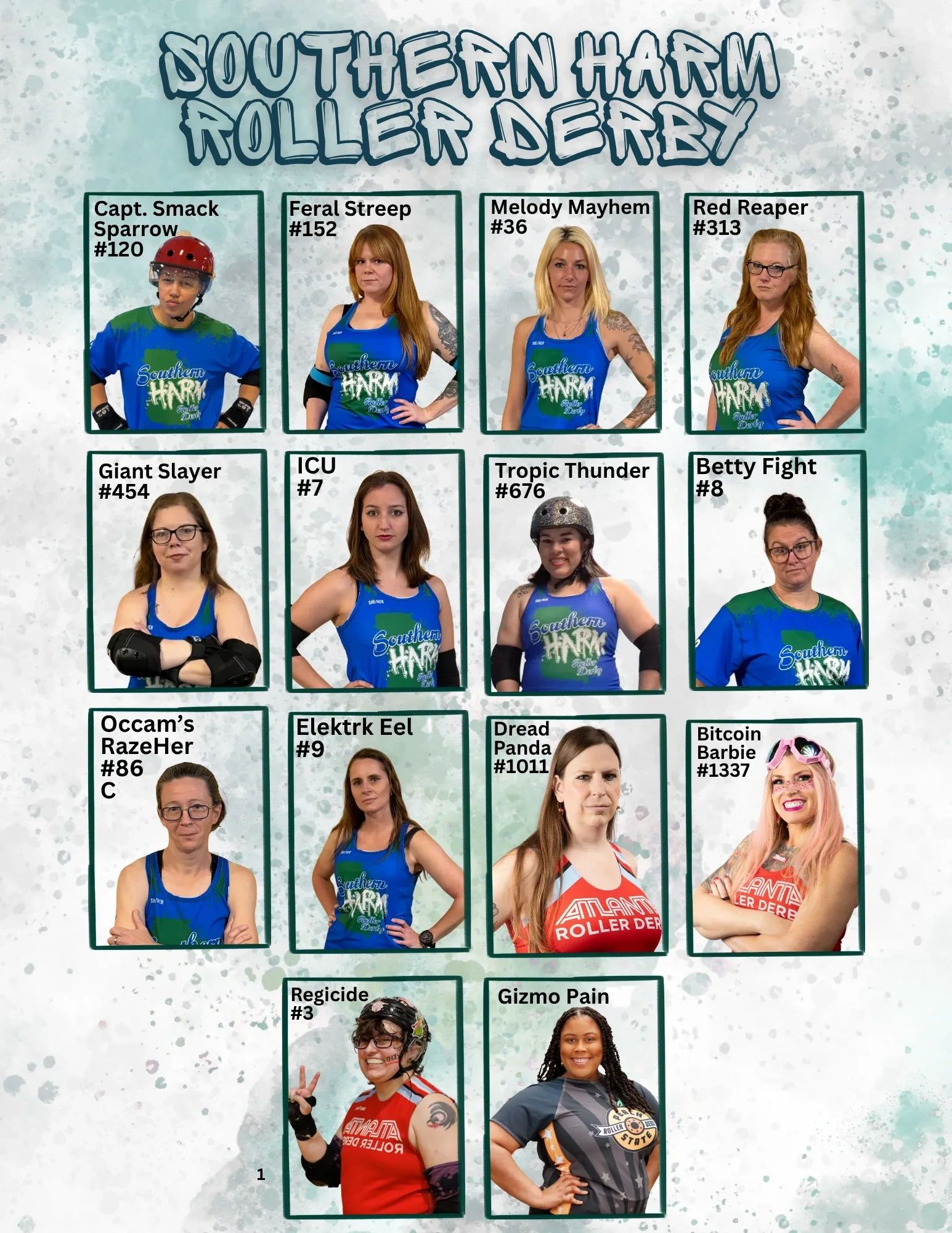 Southern Harm Roller Derby team roster with player names and numbers.