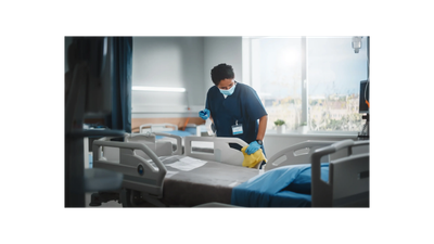 Calden Commercial Cleaning technician disinfecting medical exam room in Manchester New Hampshire