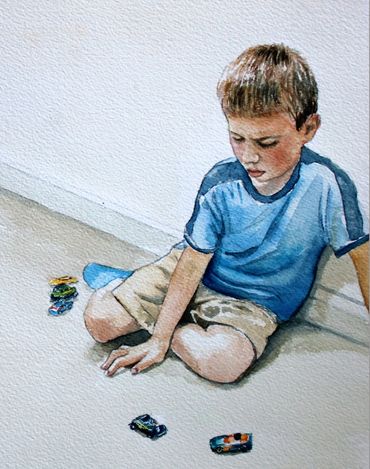 Carl plays with cars, Lily & Carl, Watercolor on paper