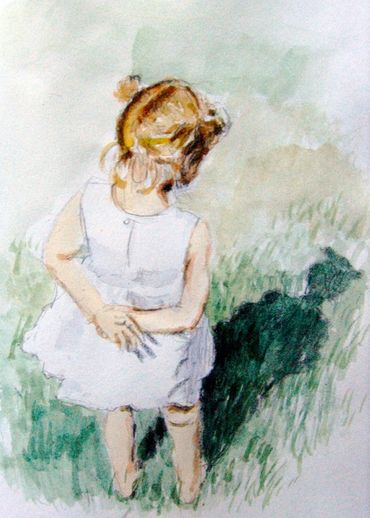 Maggie Looks at Shadow, Watercolor on paper