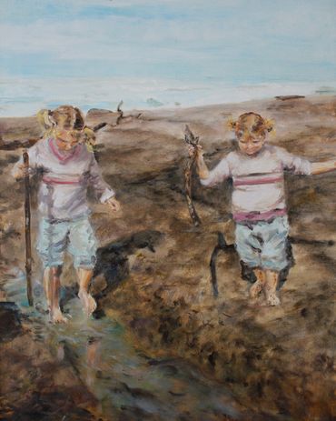 Sisters Walking At Salmon Creek Beach, Oil on canvas, 20"x24", Lost in fire, Prints available