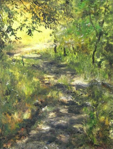 Sunlit Path, Oil on canvas, 16"x20", Lost in the Tubbs Fire, Prints Available