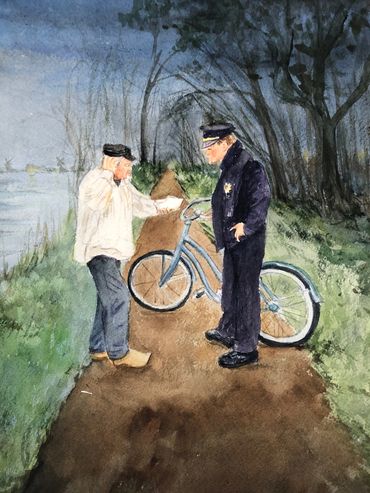 The Miller and the Police Officer, The Little Wooden Shoe book, Watercolor on paper