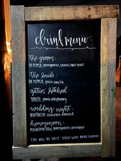 menu board, drink menu, dirty soda drinks, create your own menu, wedding drinks, drink catering 