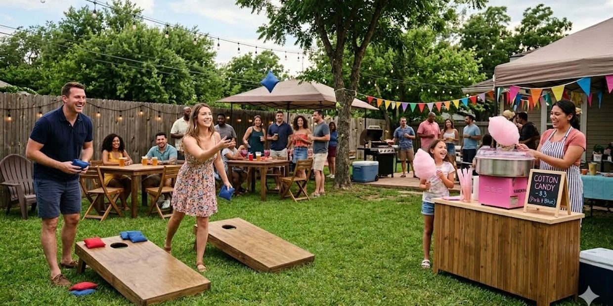 People enjoying a lively backyard party with games and cotton candy.
