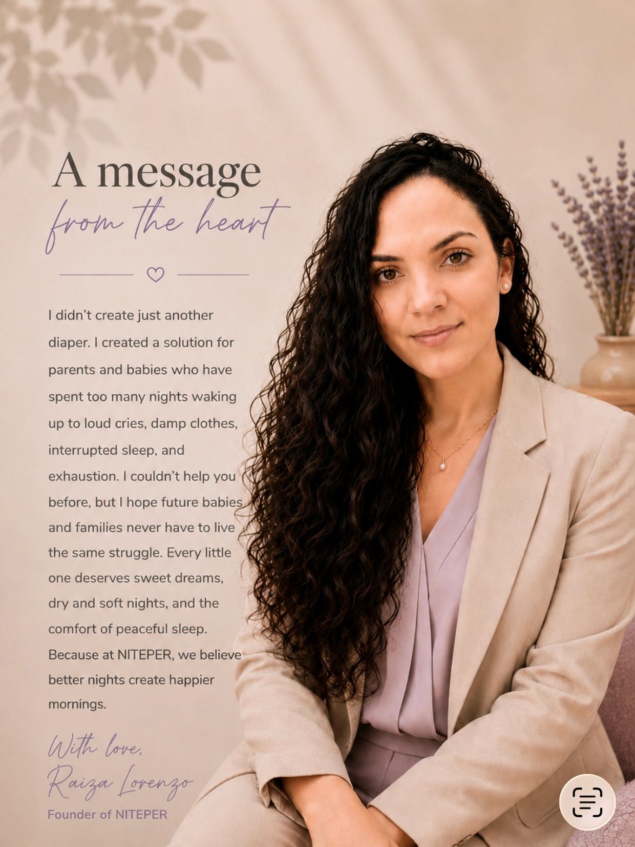 Woman with a heartfelt message about creating a better diaper solution.