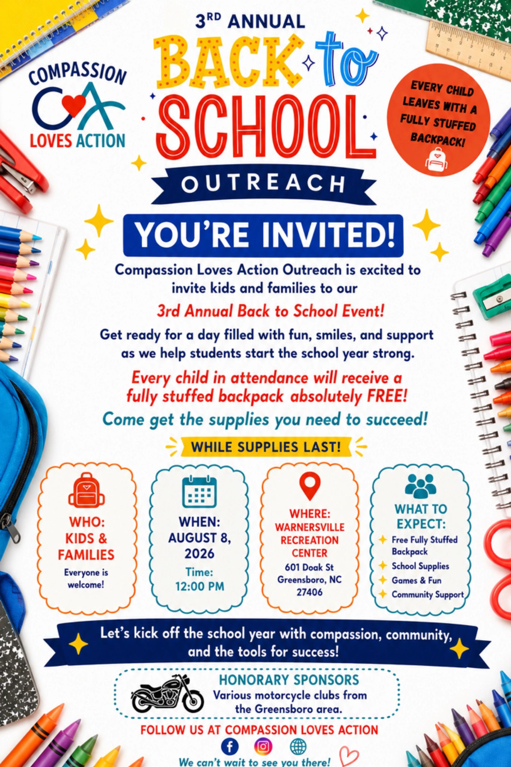 3rd Annual Back to School Outreach event with free backpacks for kids and families.