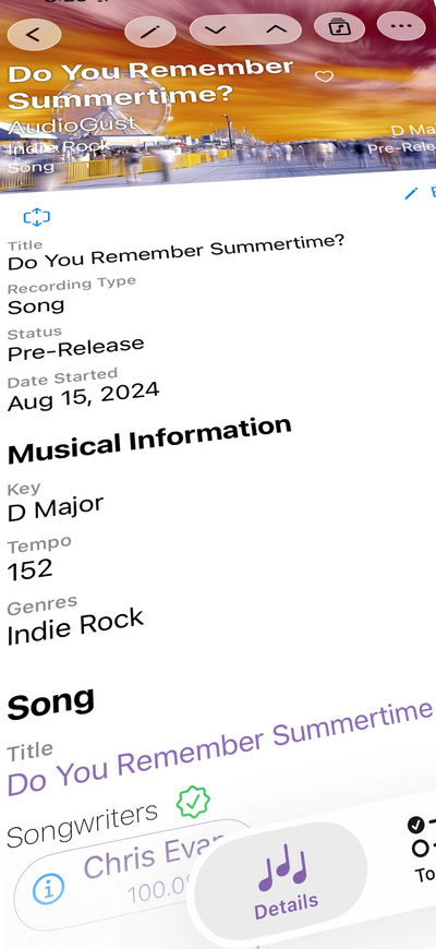 Screenshot of StudioNotes showing a closeup of the recordings screen