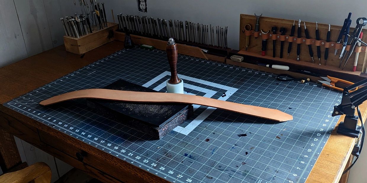 Leather worktable in my small shop.
