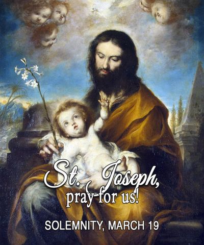 Religious painting of St. Joseph holding baby Jesus with angels above.