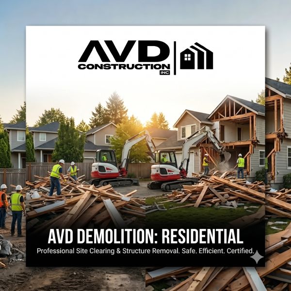 AVD Construction performing residential demolition with excavators and workers.