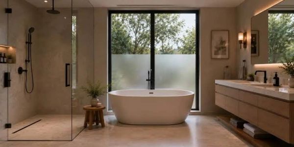 Modern bathroom with freestanding tub and large window.