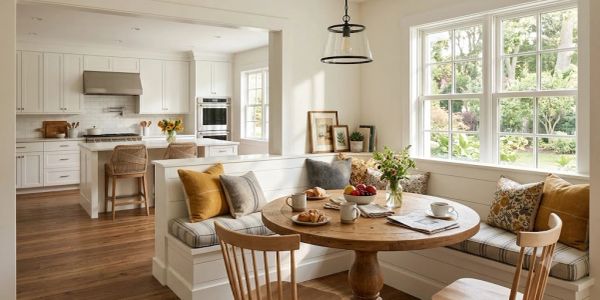 Cozy breakfast nook with wooden table and cushioned seating.