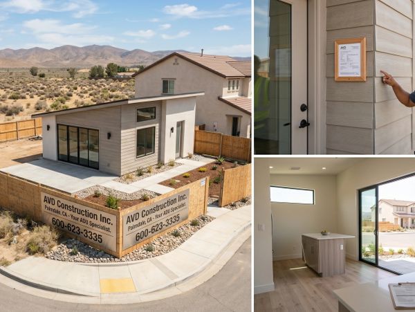 Newly constructed modern small house with desert landscape.
