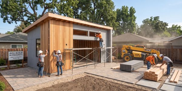 Workers constructing a backyard ADU with wood and concrete.