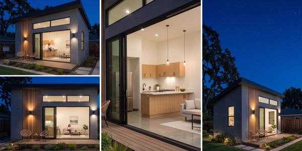 Modern tiny house with large windows and cozy lighting at dusk.