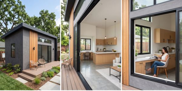 Modern small backyard office with wood accents and large windows.