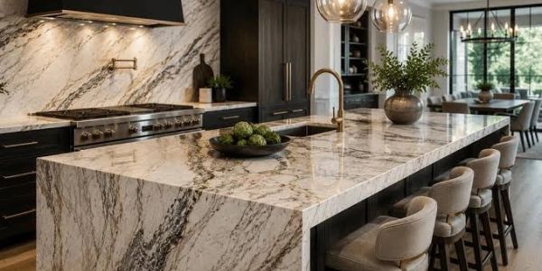 Luxurious kitchen with marble island and modern fixtures.